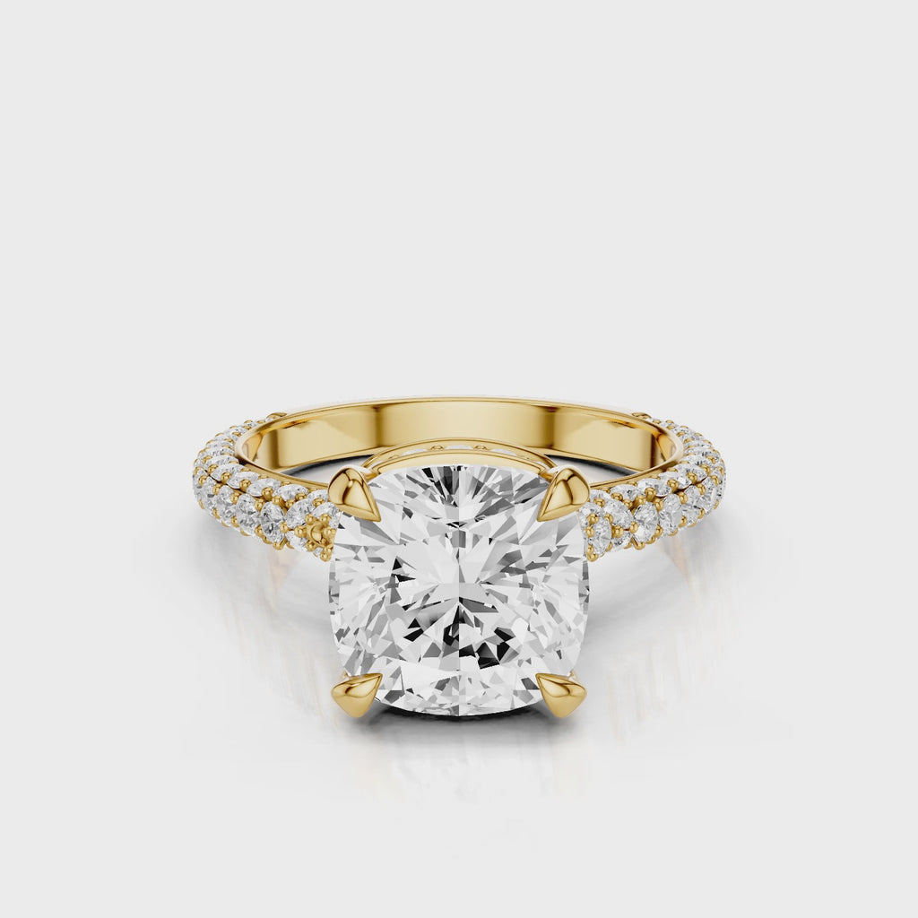 Lavinia Cushion Lab Created Diamond Engagement RingCathedral setting with 3 row French pave diamond band and reverse seamless halo with diamonds video Yellow Gold
