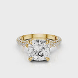 Lavinia Cushion Lab Created Diamond Engagement RingCathedral setting with 3 row French pave diamond band and reverse seamless halo with diamonds video Yellow Gold

