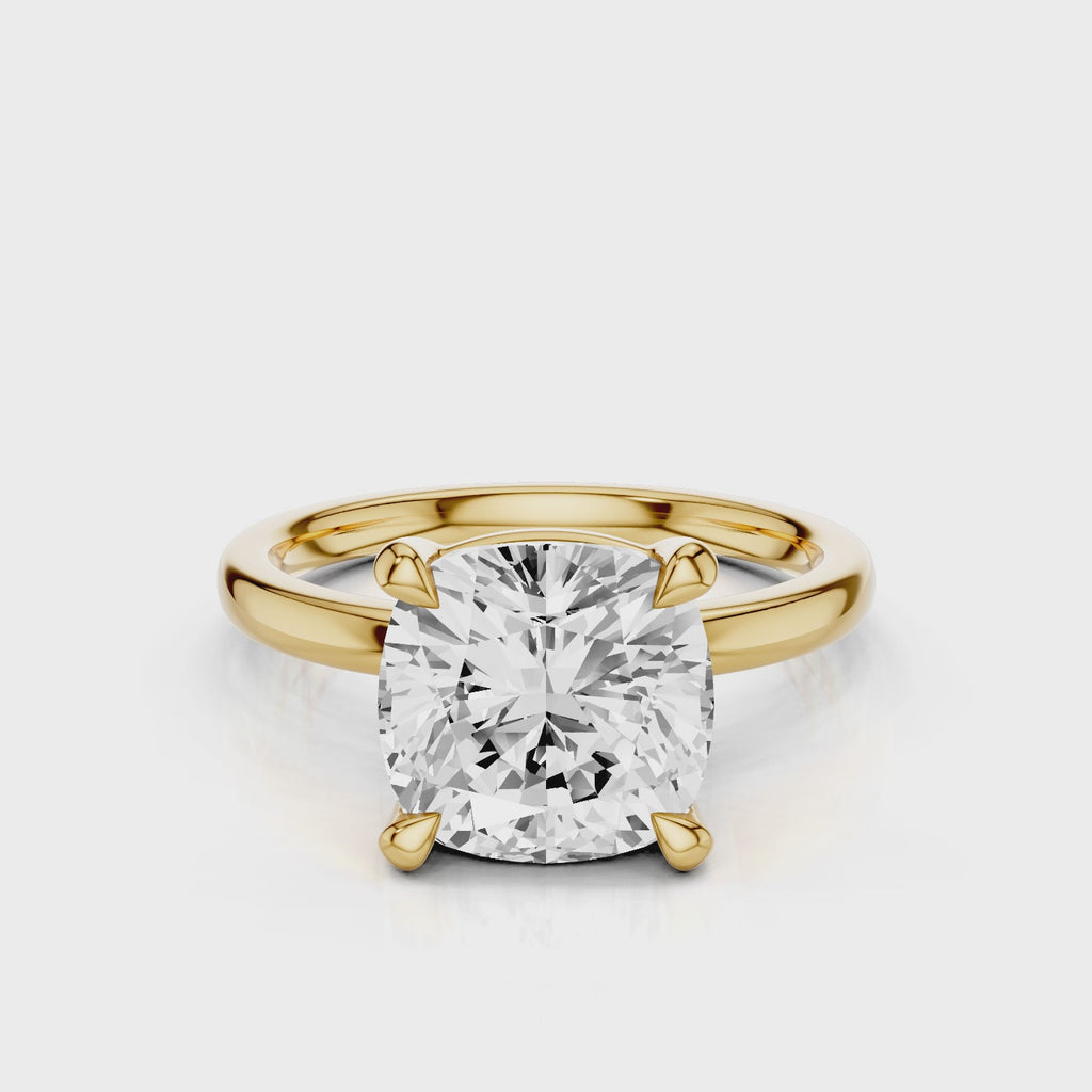 Selene Cushion Lab Created Diamond Engagement Ring on plain band video Yellow Gold