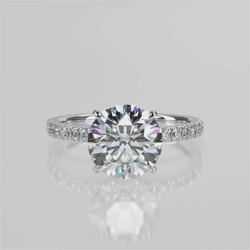 Vera Round cut lab diamond engagement ring with four prongs and french pave band and double reverse halo video 