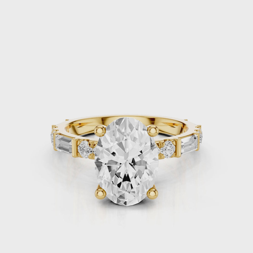 Ellie Oval Engagement Ring with baguettes and round accent stones yellow gold