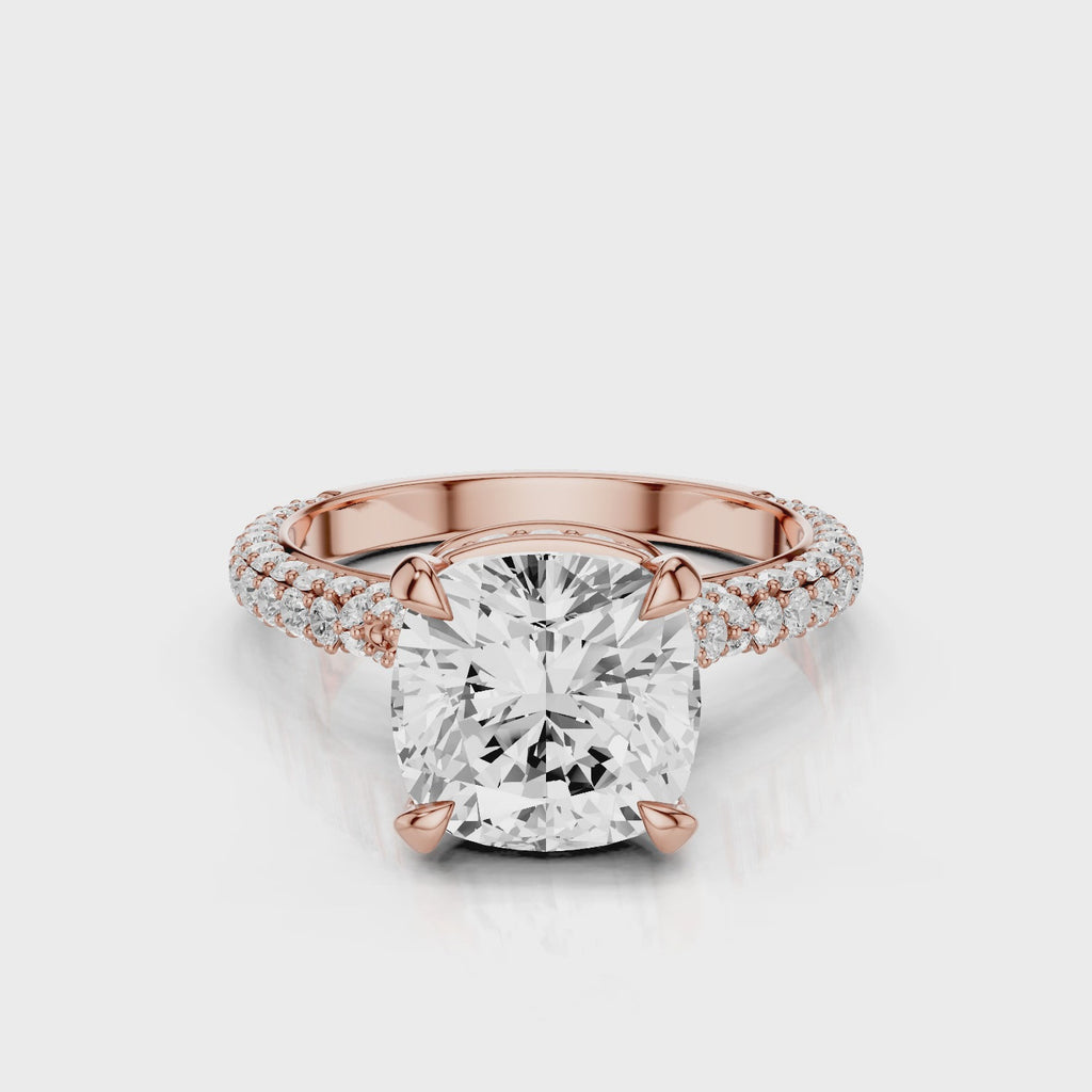 Lavinia Cushion Lab Created Diamond Engagement RingCathedral setting with 3 row French pave diamond band and reverse seamless halo with diamonds video Rose Gold