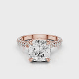 Lavinia Cushion Lab Created Diamond Engagement RingCathedral setting with 3 row French pave diamond band and reverse seamless halo with diamonds video Rose Gold