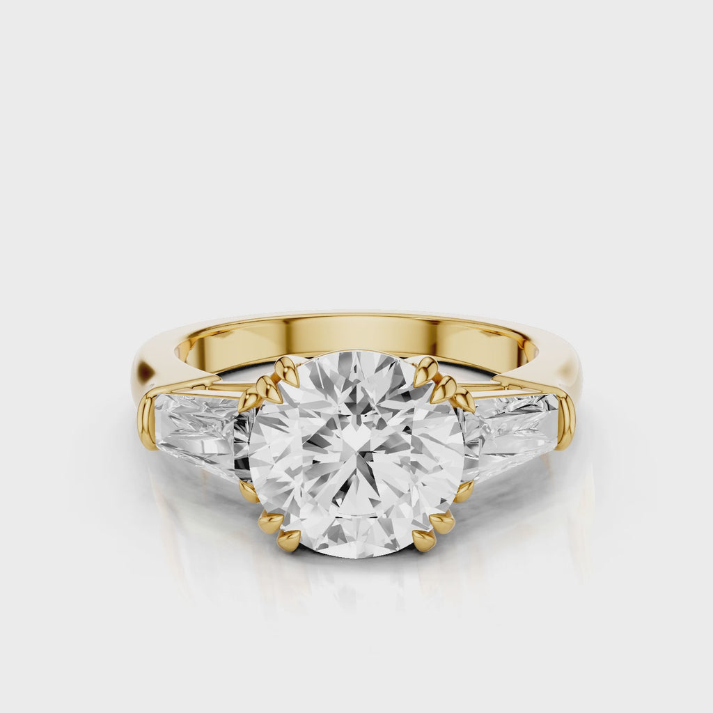 Glada Round cut lab diamond engagement ring with tiger claw prongs and tapered baguettes video  Yellow Gold