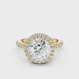 Milena Round cut lab diamond engagement ring. Seamless halo cathedral setting, French pave diamond band video Yellow Gold