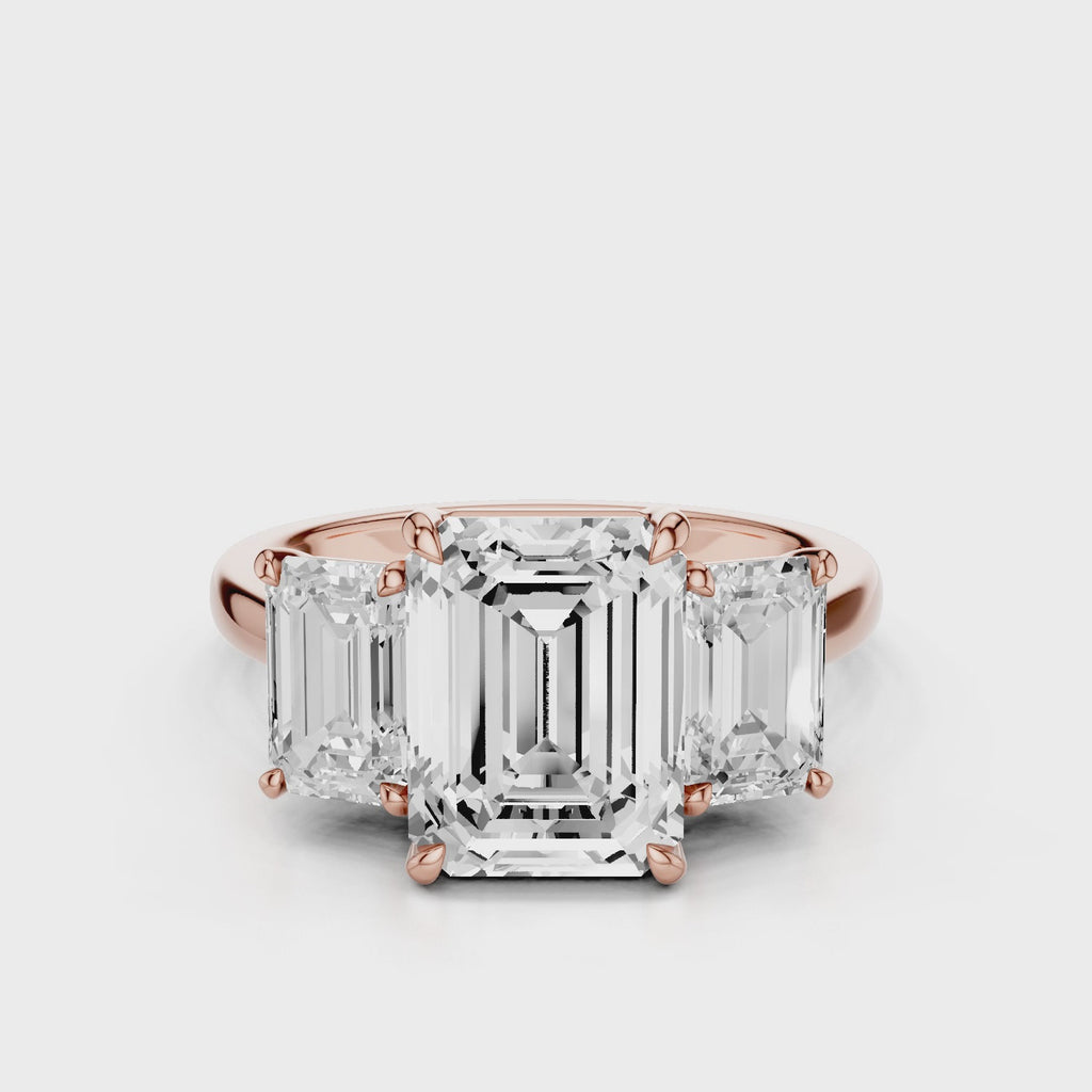 Ophelia Emerald lab diamond engagement ring. Cathedral shank, 3 stone criss cross tapered plain band video Rose Gold