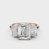Ophelia Emerald lab diamond engagement ring. Cathedral shank, 3 stone criss cross tapered plain band video Rose Gold
