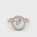 Milena Round cut lab diamond engagement ring. Seamless halo cathedral setting, French pave diamond band video Rose Gold