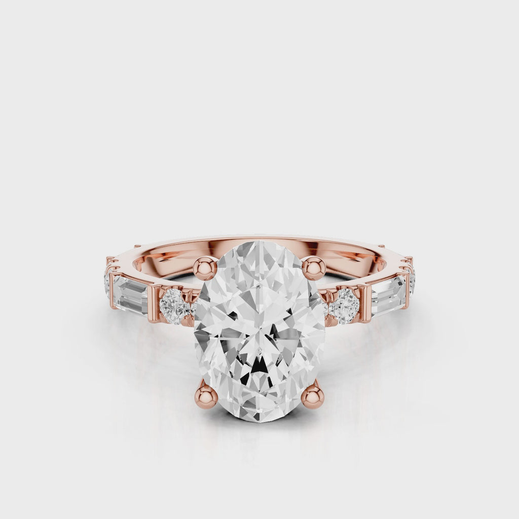 Ellie Oval Engagement Ring with baguettes and round accent stones rose gold