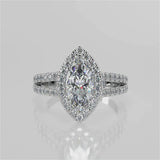 Margaret Marquise Lab Diamond Engagement Ring with single diamond halo with a cathedral set diamond split band set in French pave band video 
