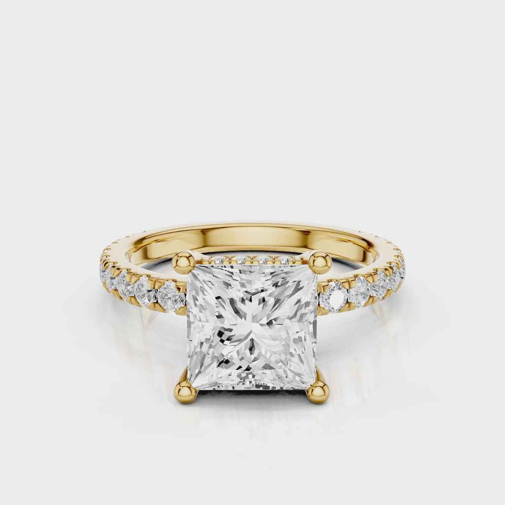 Faith Princess Cut Lab Created Diamond Engagement Ring with a reverse halo and french pave band. Four prongs video  Yellow Gold