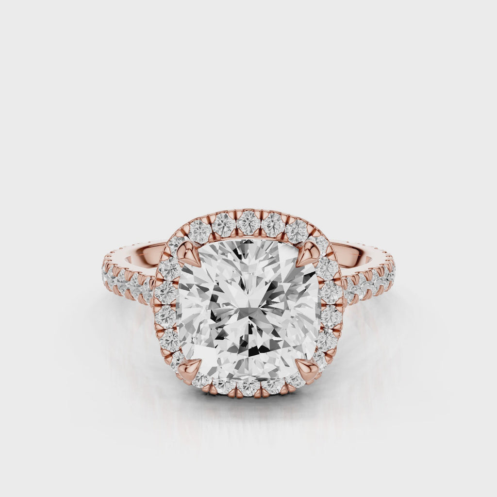 Camellia Cushion Lab Created Diamond Engagement Ring with single seamless halo design. Cathedral with single row diamond French pave band video Rose Gold