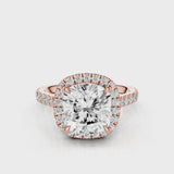 Camellia Cushion Lab Created Diamond Engagement Ring with single seamless halo design. Cathedral with single row diamond French pave band video Rose Gold