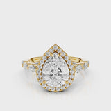 Eva Pear lab diamond engagement ring with cathedral shank and single seamless halo setting with the side marquise diamonds video Yellow Gold