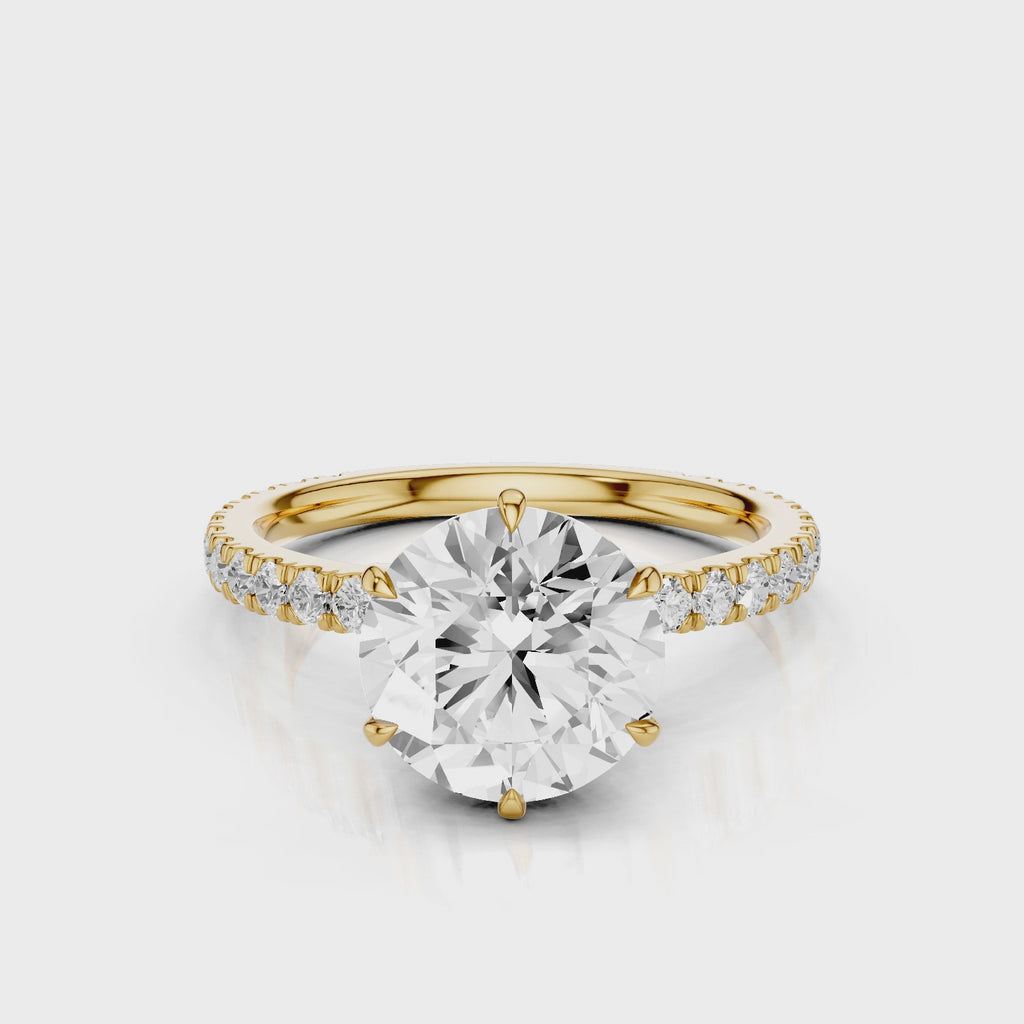 Jade Round Lab diamond Engagement Ring with pave band and six prongs Yellow Gold