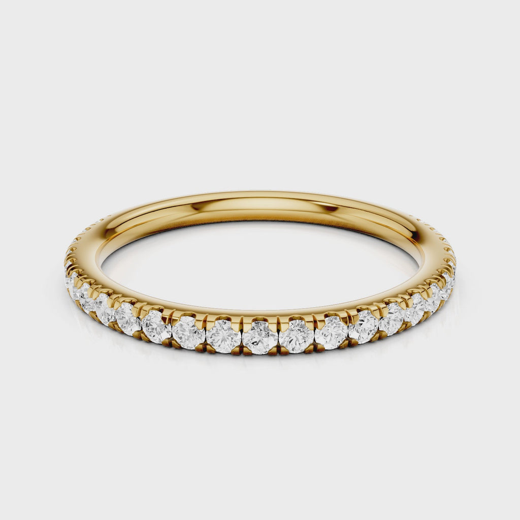 Melissa wedding band with lab diamonds and single row French pave setting yellow gold