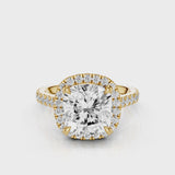 Camellia Cushion Lab Created Diamond Engagement Ring with single seamless halo design. Cathedral with single row diamond French pave band video Yellow Gold

