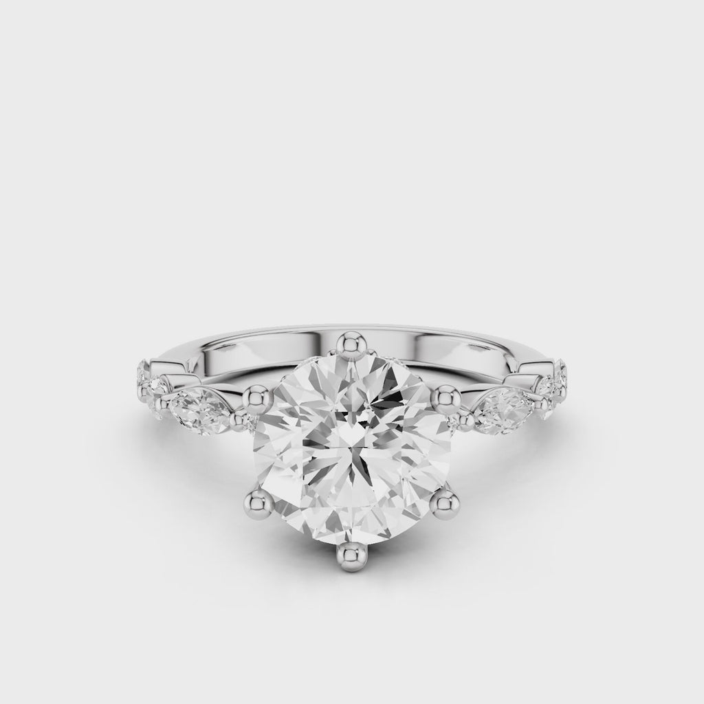 Leila Round Engagement Ring with marquise and round accent stones and button prongs White Gold