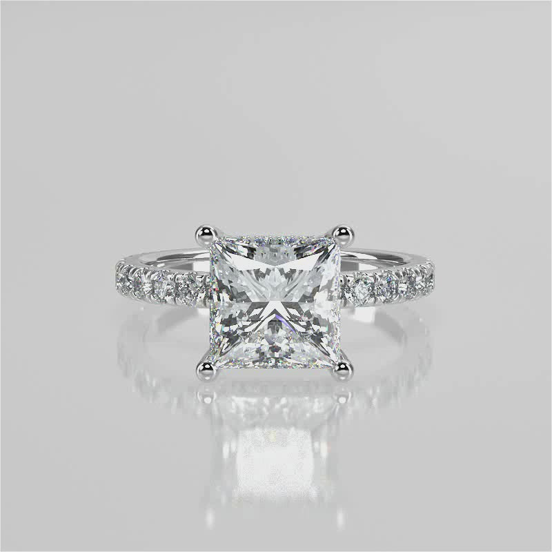 Faith Princess Cut Lab Created Diamond Engagement Ring with a reverse halo and french pave band. Four prongs video 
