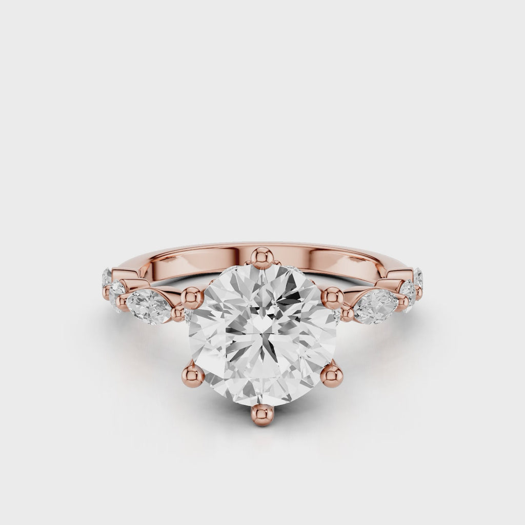 Leila Round Engagement Ring with marquise and round accent stones and button prongs Yellow Gold Rose Gold
