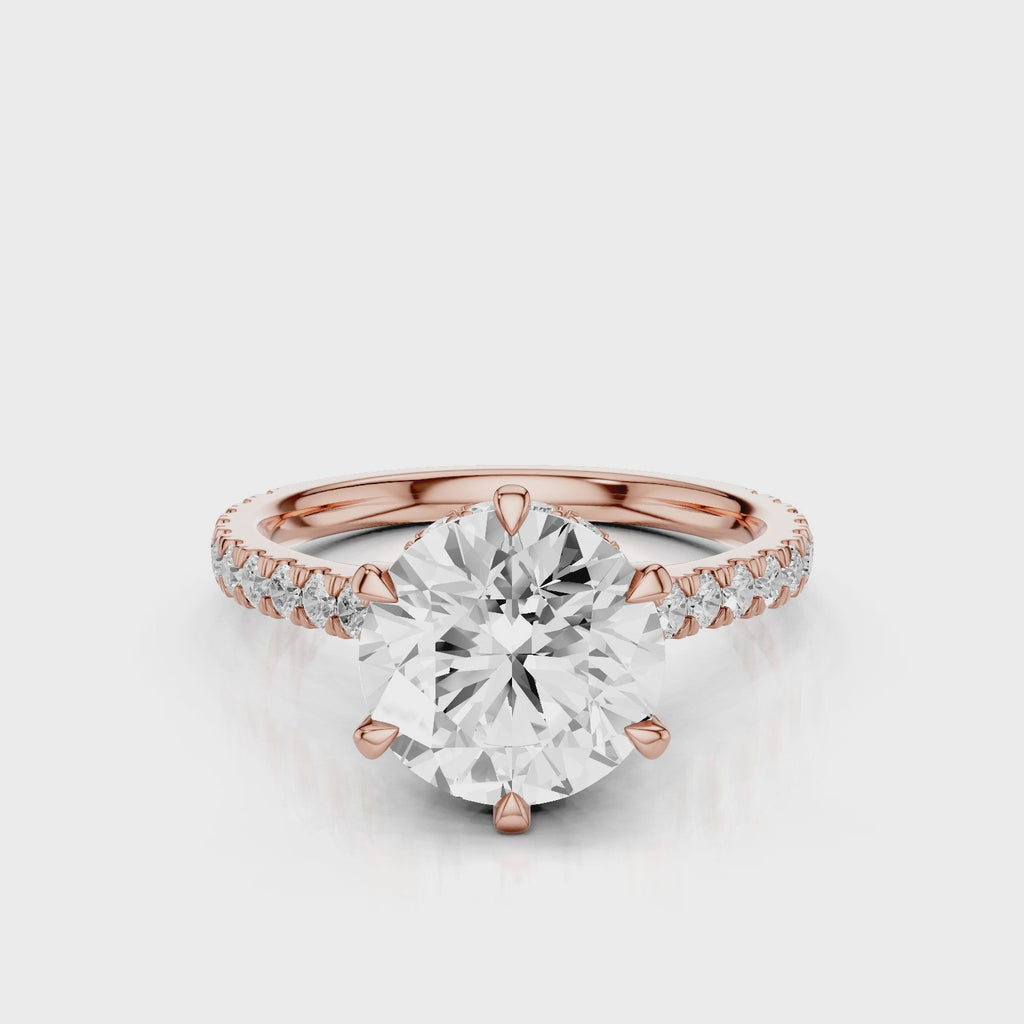 Ares Round six prongs lab diamond engagement ring with pave band rose gold