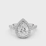 Eva Pear lab diamond engagement ring with cathedral shank and single seamless halo setting with the side marquise diamonds video White Gold