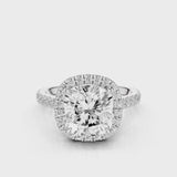 Camellia Cushion Lab Created Diamond Engagement Ring with single seamless halo design. Cathedral with single row diamond French pave band video  White Gold