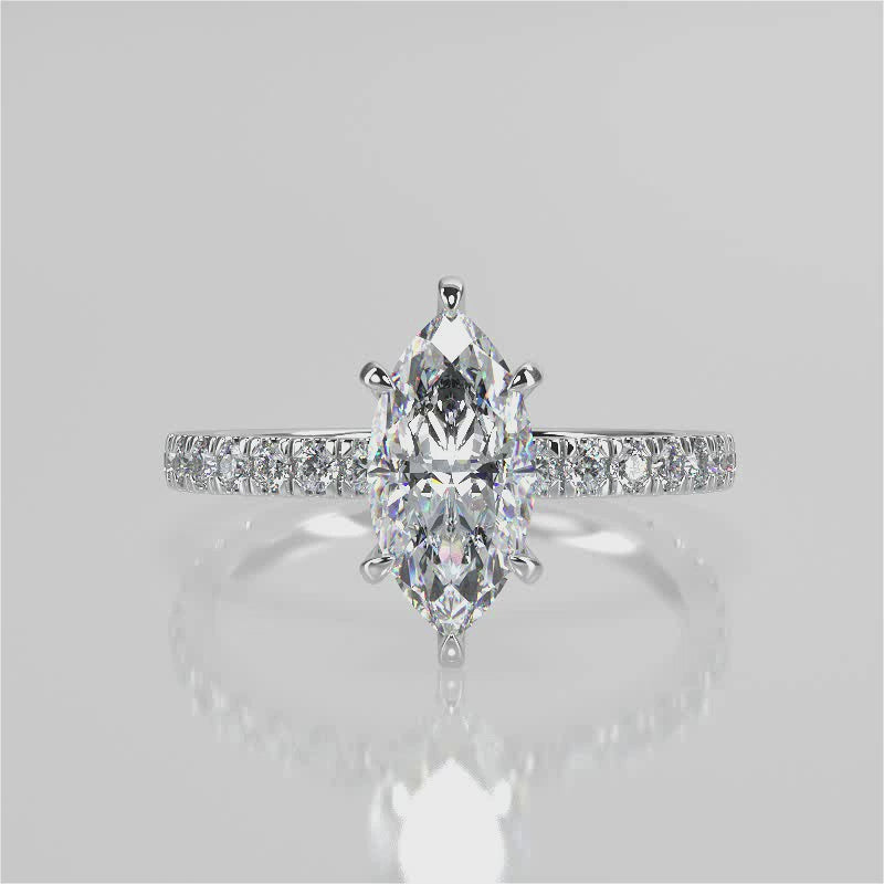Yvette Marquise Lab Created Diamond Engagement Ring with six prongs and french pave band video 