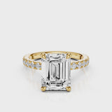 Mira Emerald lab diamond engagement ring. Non-cathedral shank, single row french pave setting band with a 4 prongs setting video Yellow Gold