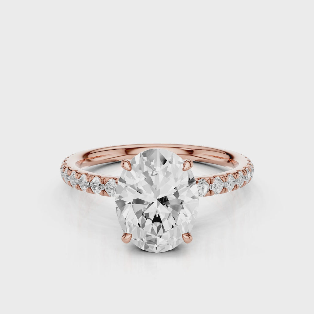 Emma Oval lab diamond engagement ring with four prongs and french pave band video Rose Gold