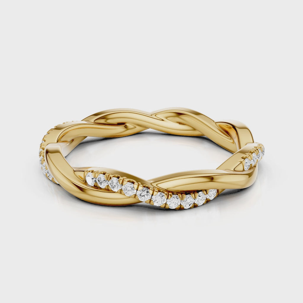 Icy Twist Wedding band with pave band and plain band intertwined Yellow Gold