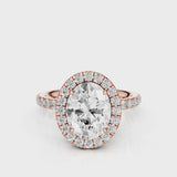 Raquel Oval lab diamond engagement ring. Non-cathedral, double edge seamless halo, single row French pave setting Rose Gold