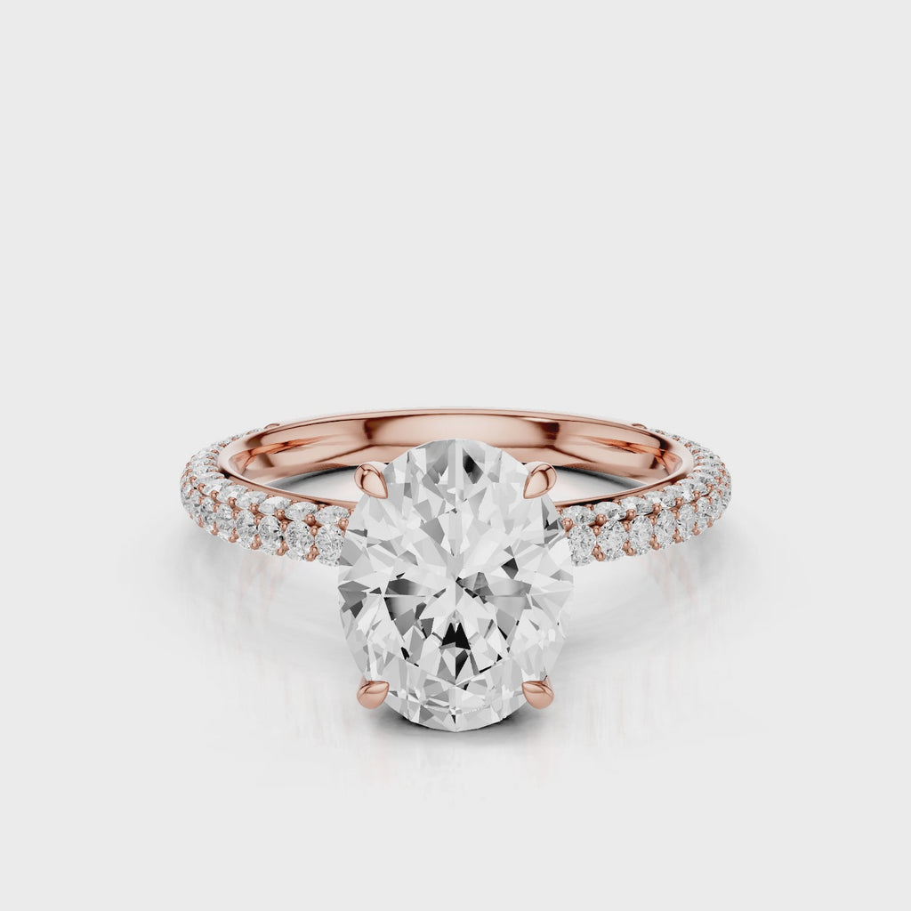 Charlotte Oval lab diamond engagement ring with three row french pave band and four prongs. Diamond gallery setting video  Rose Gold