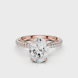 Charlotte Oval lab diamond engagement ring with three row french pave band and four prongs. Diamond gallery setting video  Rose Gold