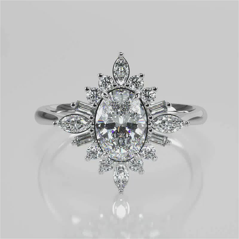Lucidia Oval lab diamond engagement ring  with a plain band and accent stones. Mix of straight baquette, round and marquise lab-created diamonds