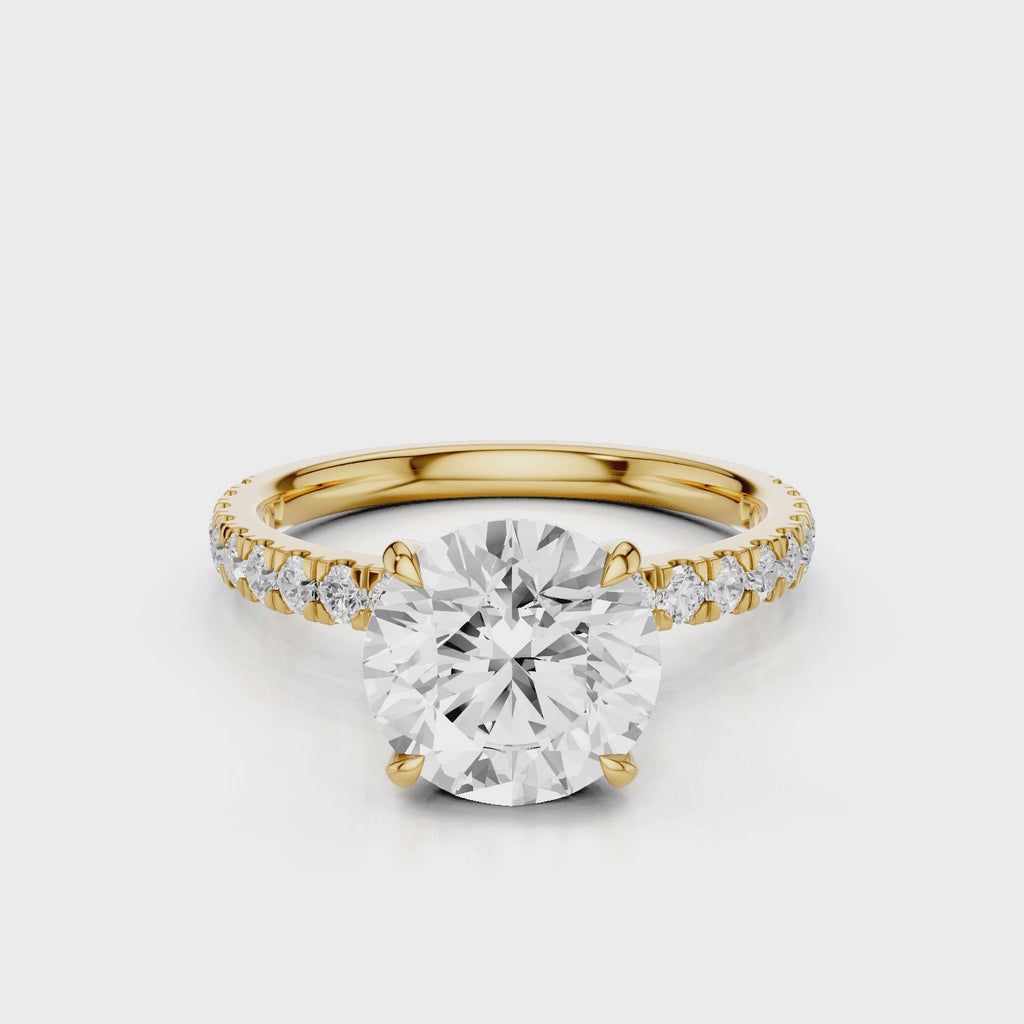 Diana Round lab diamond Engagement Ring with pave band and four prongs and diamond collar yellow gold