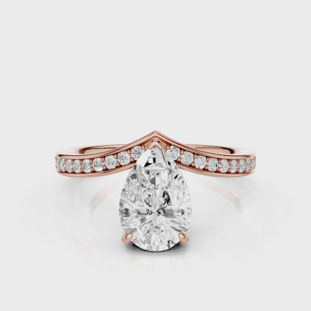 Tiara Pear lab diamont engagement ring with a V-shape design with bead setting accent diamonds video Rose Gold