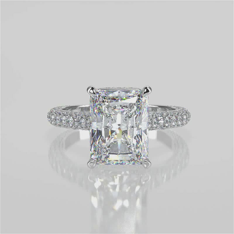 Paris Lab Created Diamond Engagement Ring. Cathedral setting with 3 row pave lab grown diamond band and reverse halo