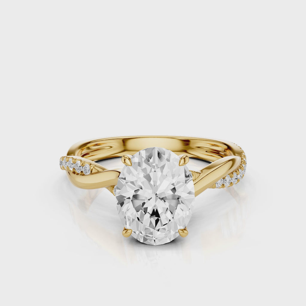 Joy Oval lab diamond engagement ring with four prongs and twisted band with franch pave video 