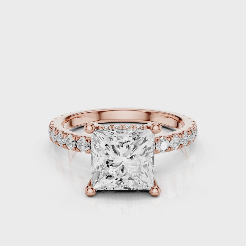 Faith Princess Cut Lab Created Diamond Engagement Ring with a reverse halo and french pave band. Four prongs video  Rose Gold