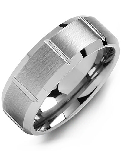 Men's Wedding Band Beveled Brushed & Grooved Tungsten